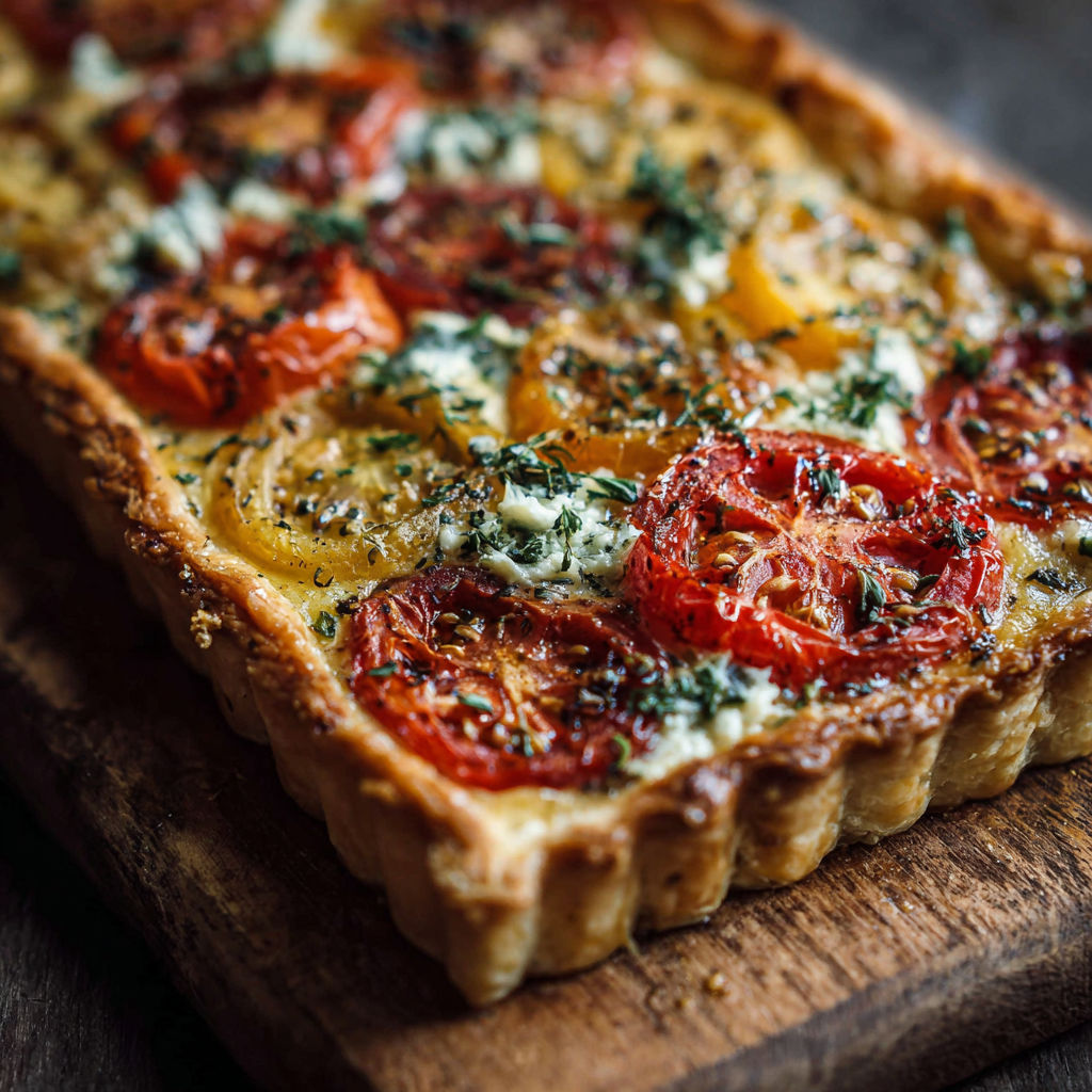 A close up of a quiche with tomatoes and cheese.