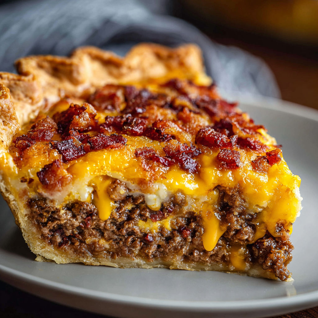 A slice of bacon cheeseburger pie on a plate.