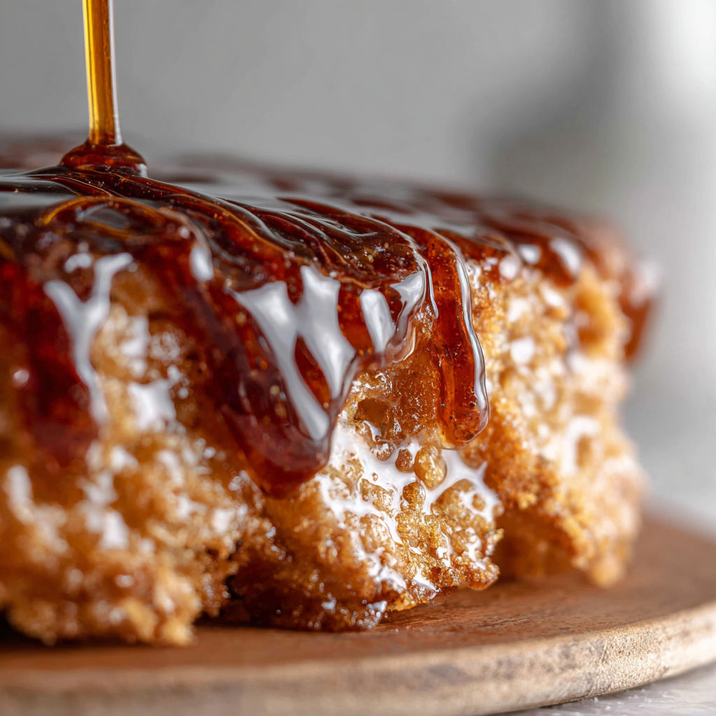 A piece of cake with caramel drizzled on top.