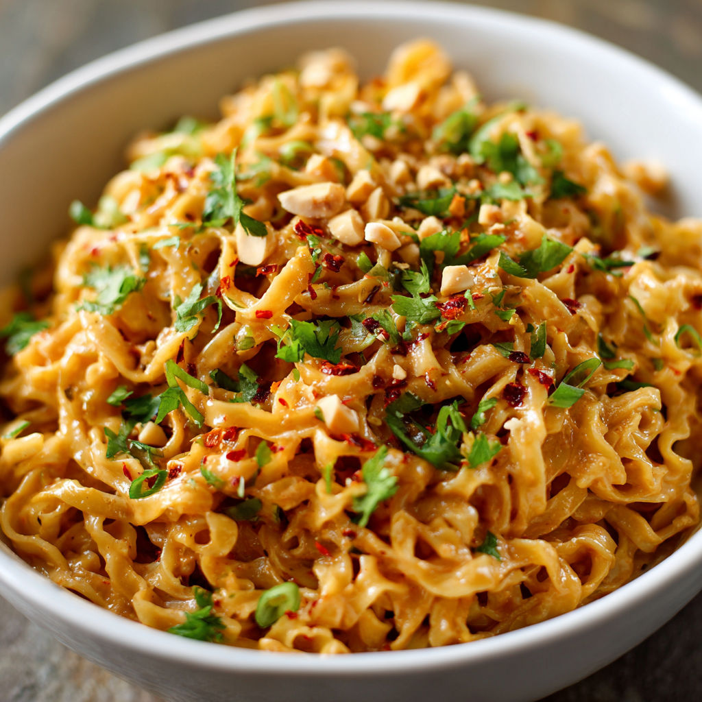 A bowl of spicy peanut butter noodles.