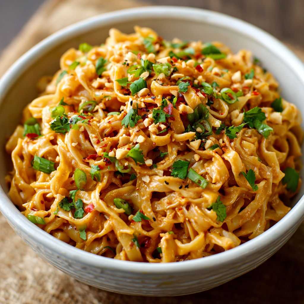 A bowl of spicy peanut butter noodles.
