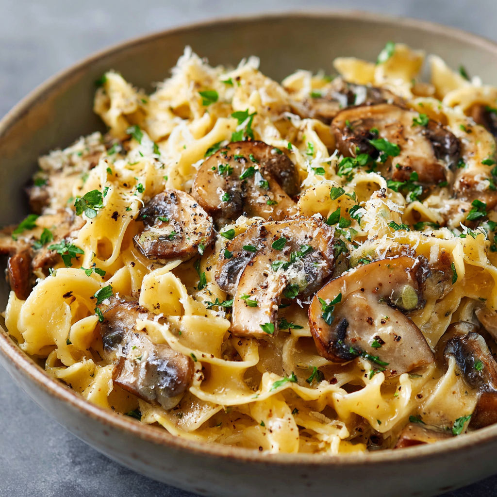 A bowl of pasta with mushrooms and cheese.