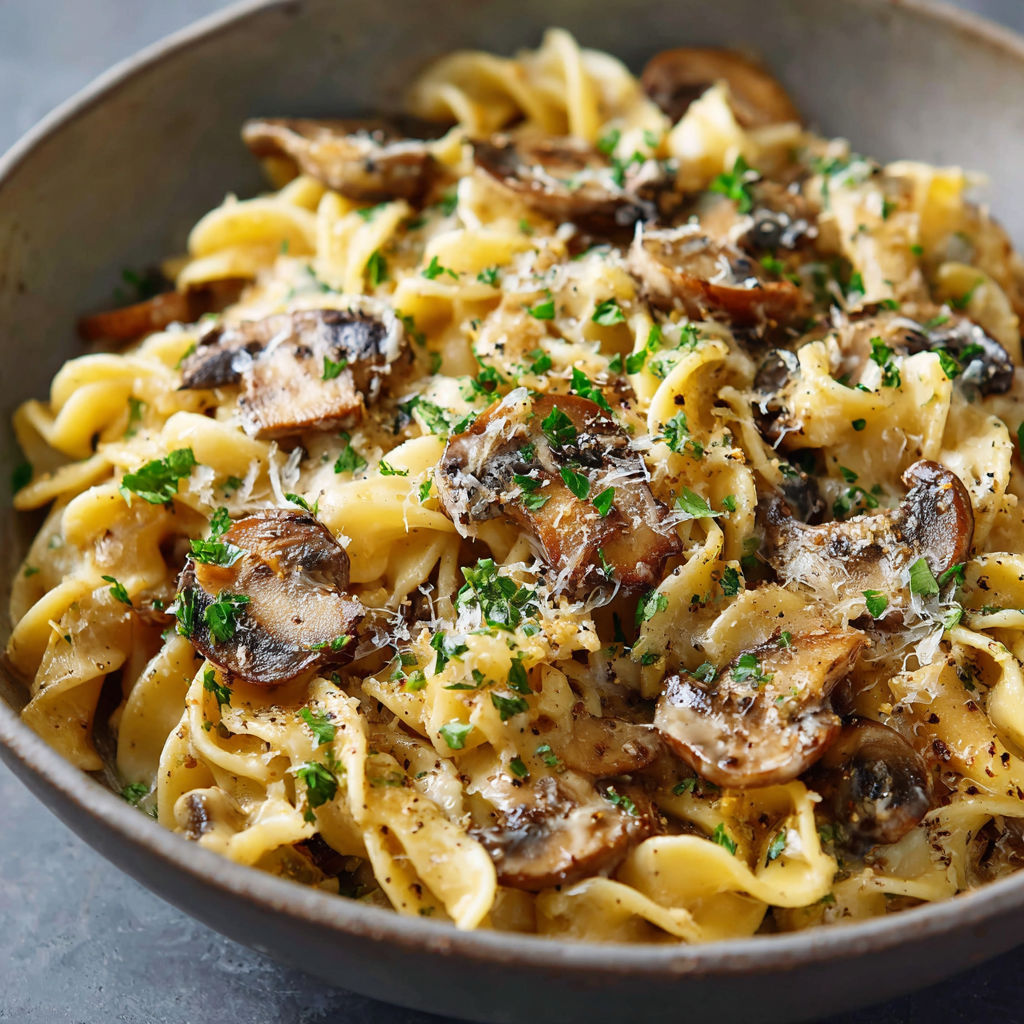 A bowl of pasta with mushrooms and cheese.