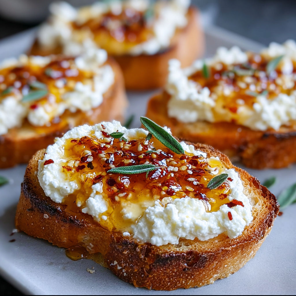 A plate of sweet and spicy whipped feta crostini.