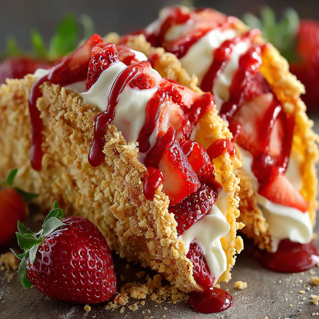 A close up of a strawberry crunch cheesecake taco.