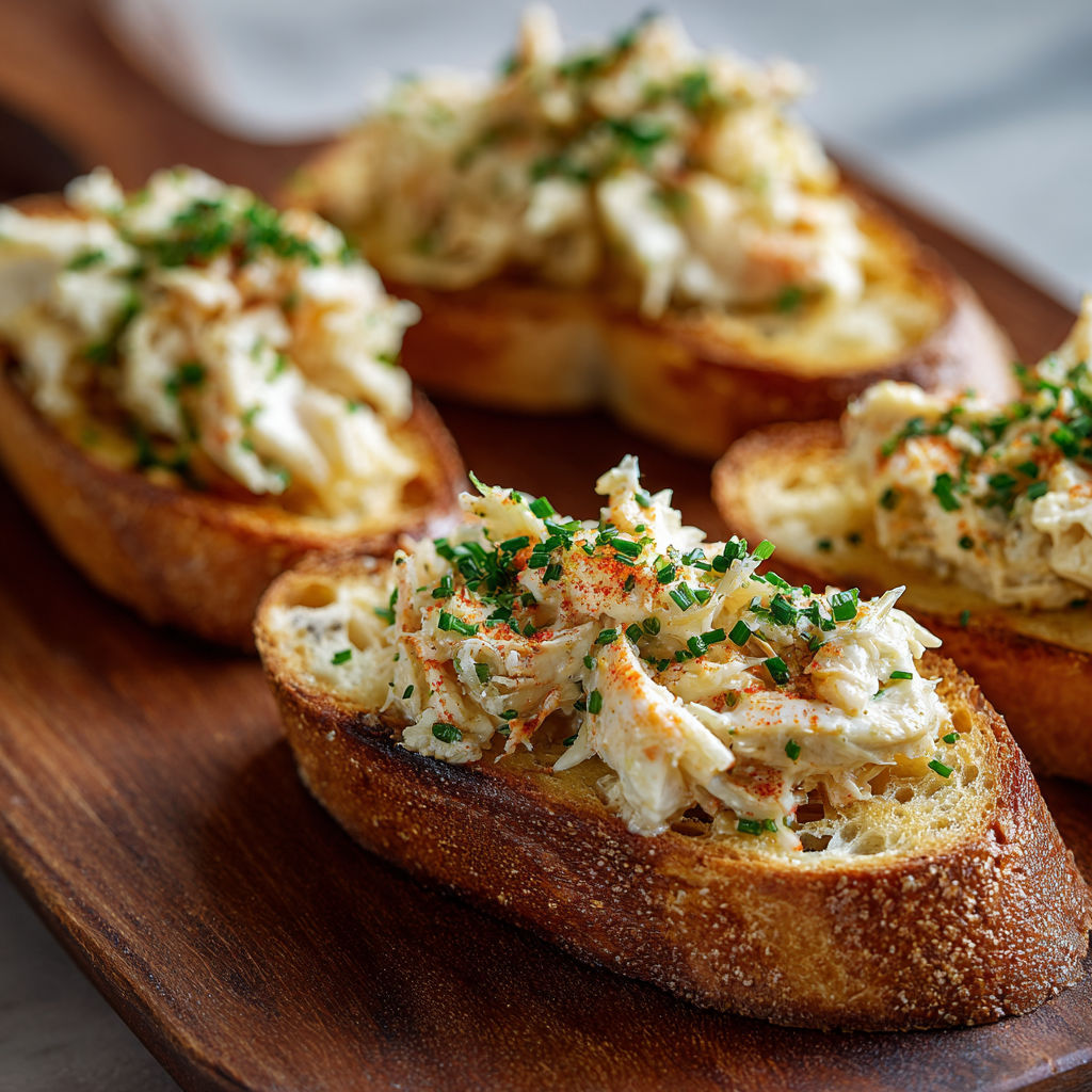 A plate of bread with crab meat on top.
