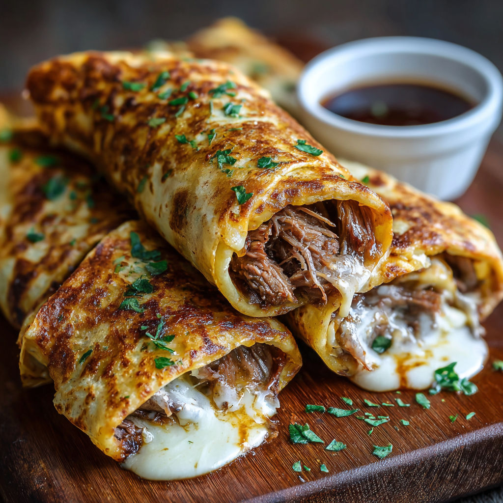 French dip tortilla roll ups on a wooden table.
