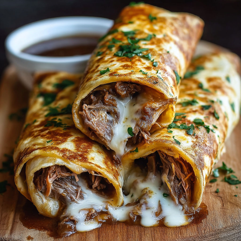 A delicious French dip tortilla roll up.