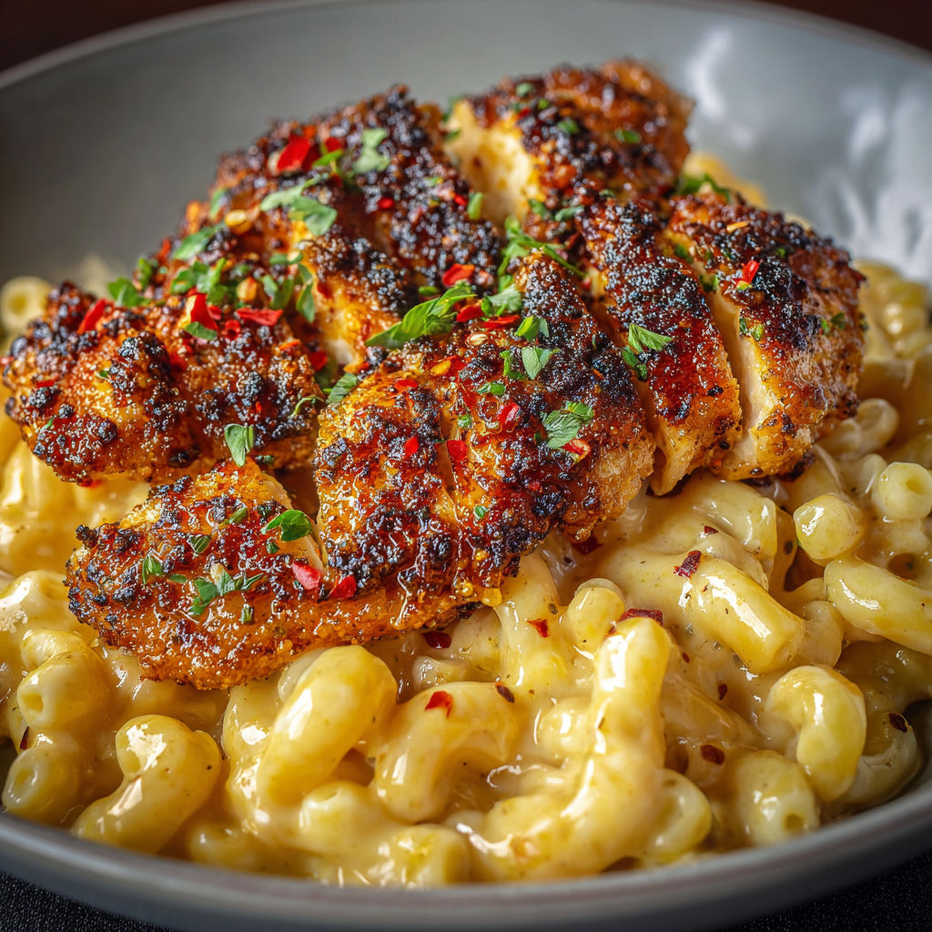 A plate of food with chicken and macaroni.
