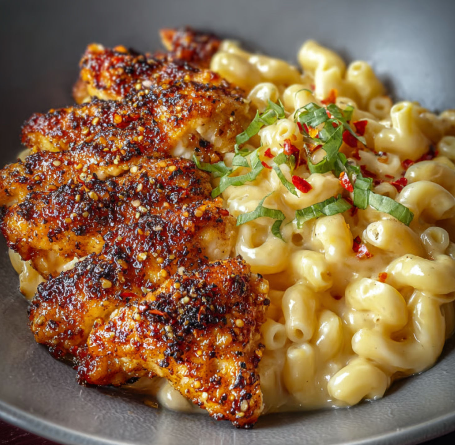 A plate of food with chicken and mac and cheese.