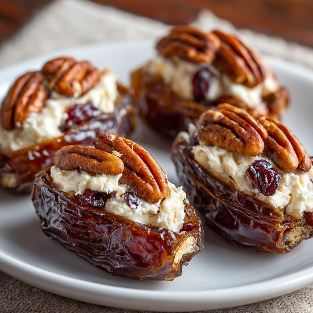 A plate of cranberry pecan cream cheese stuffed dates.