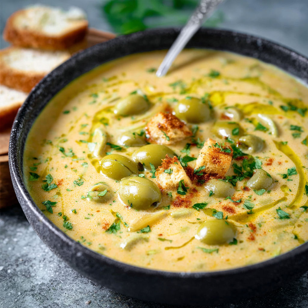 A bowl of soup with green olives.