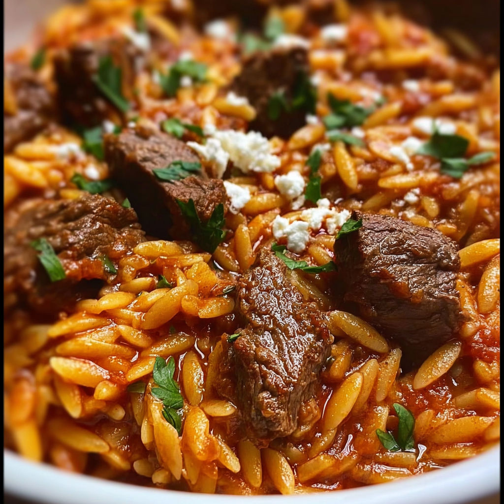 A bowl of beef giouvetsi with rice and herbs.