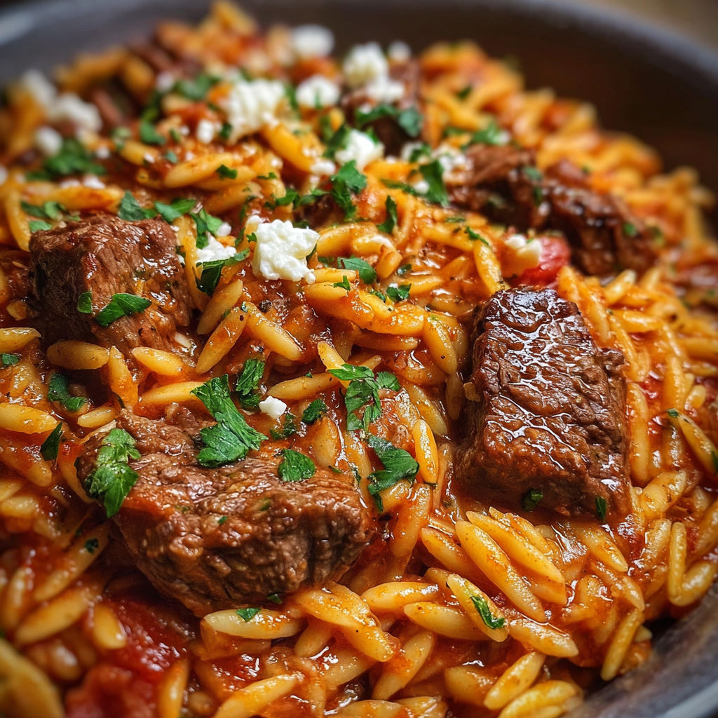 A bowl of beef giouvetsi with feta cheese and tomatoes.
