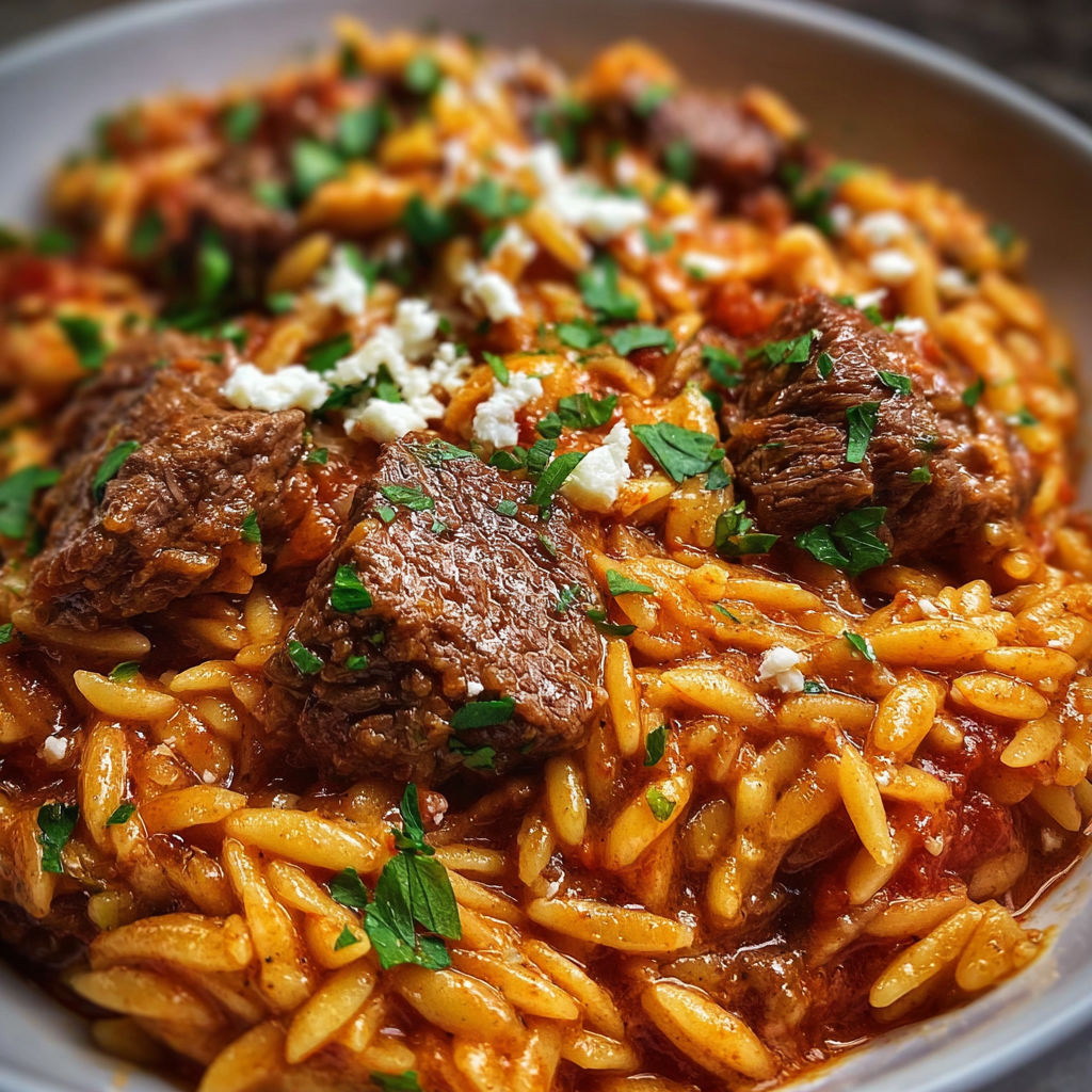 A bowl of beef giouvetsi with rice and herbs.