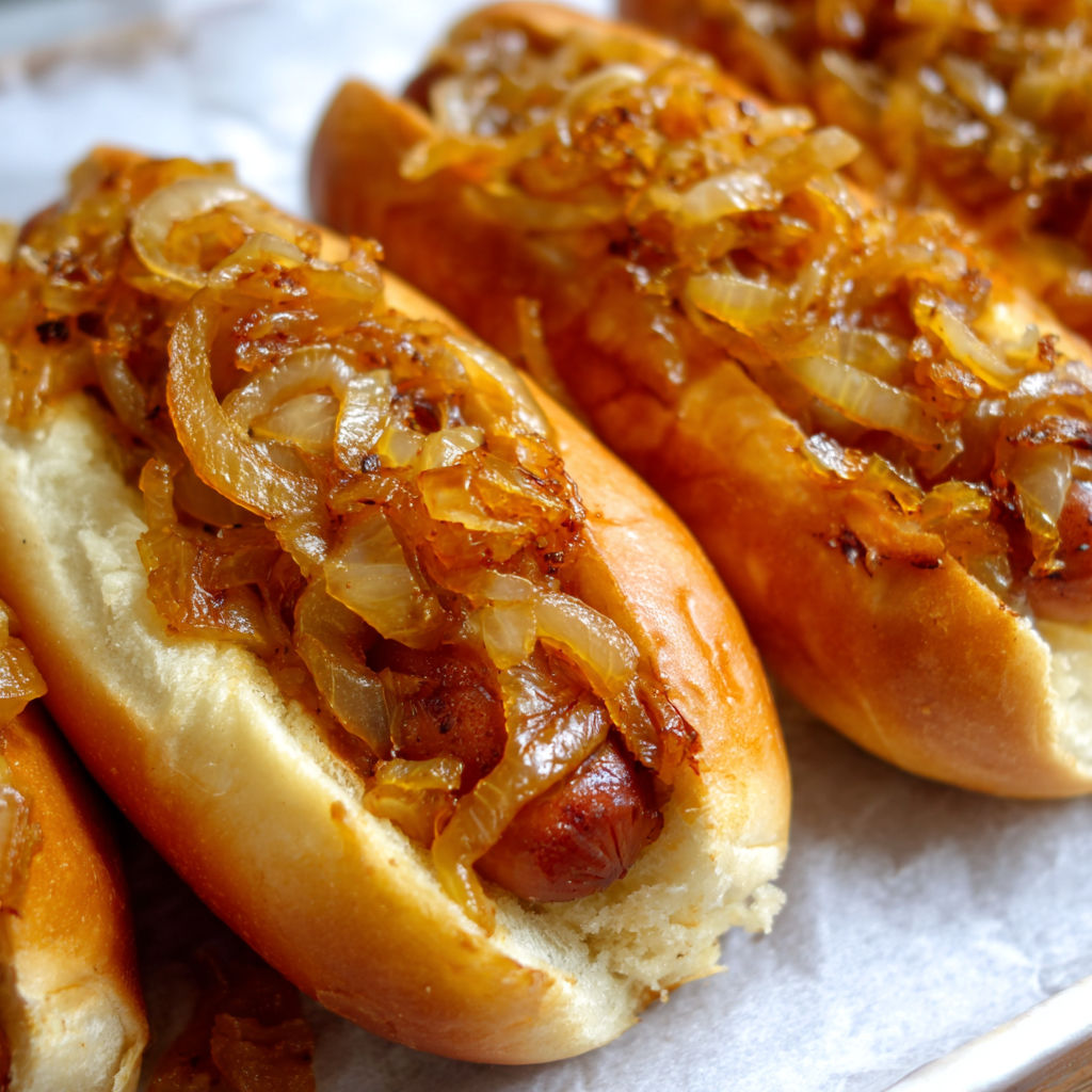 Two hot dogs with onions on a bun.