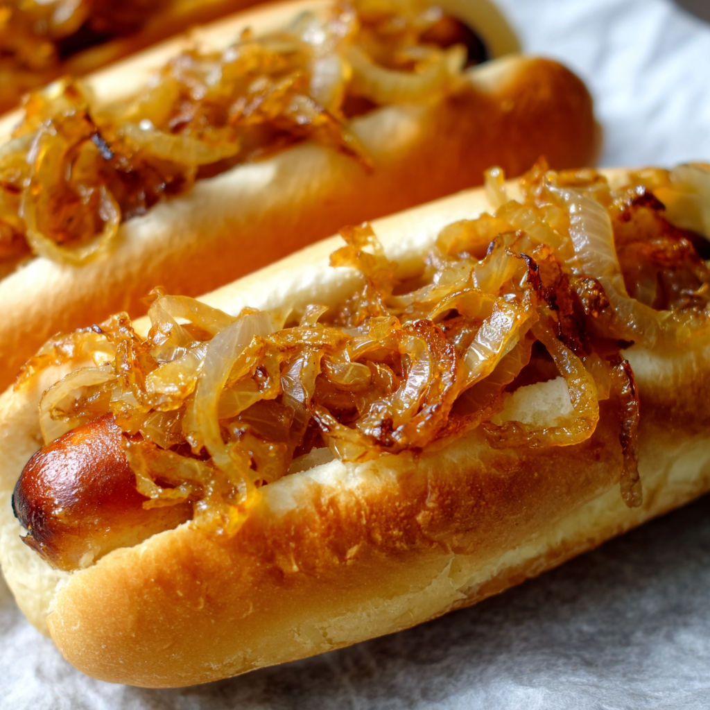 Two hot dogs with onions on a bun.