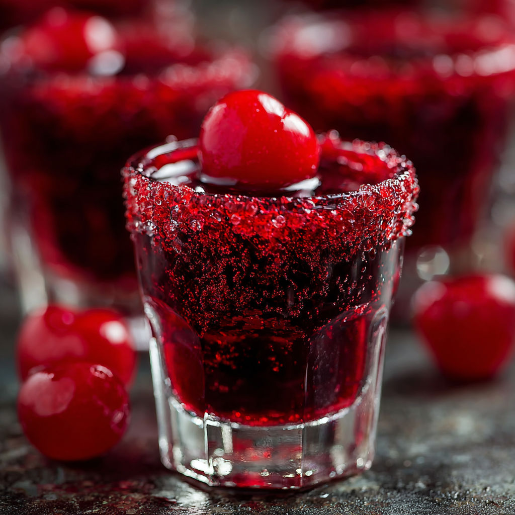 A glass of cherry shots with a cherry on top.