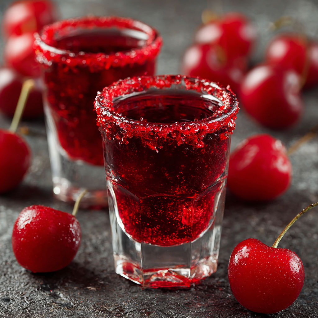 Two glasses of red liquid with cherries on top.