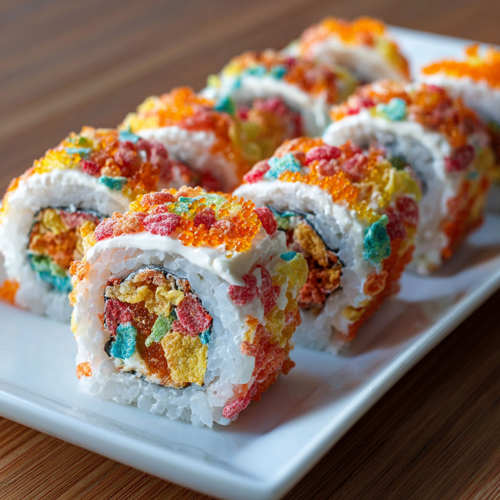 A plate of sushi with fruity pebbles on top.
