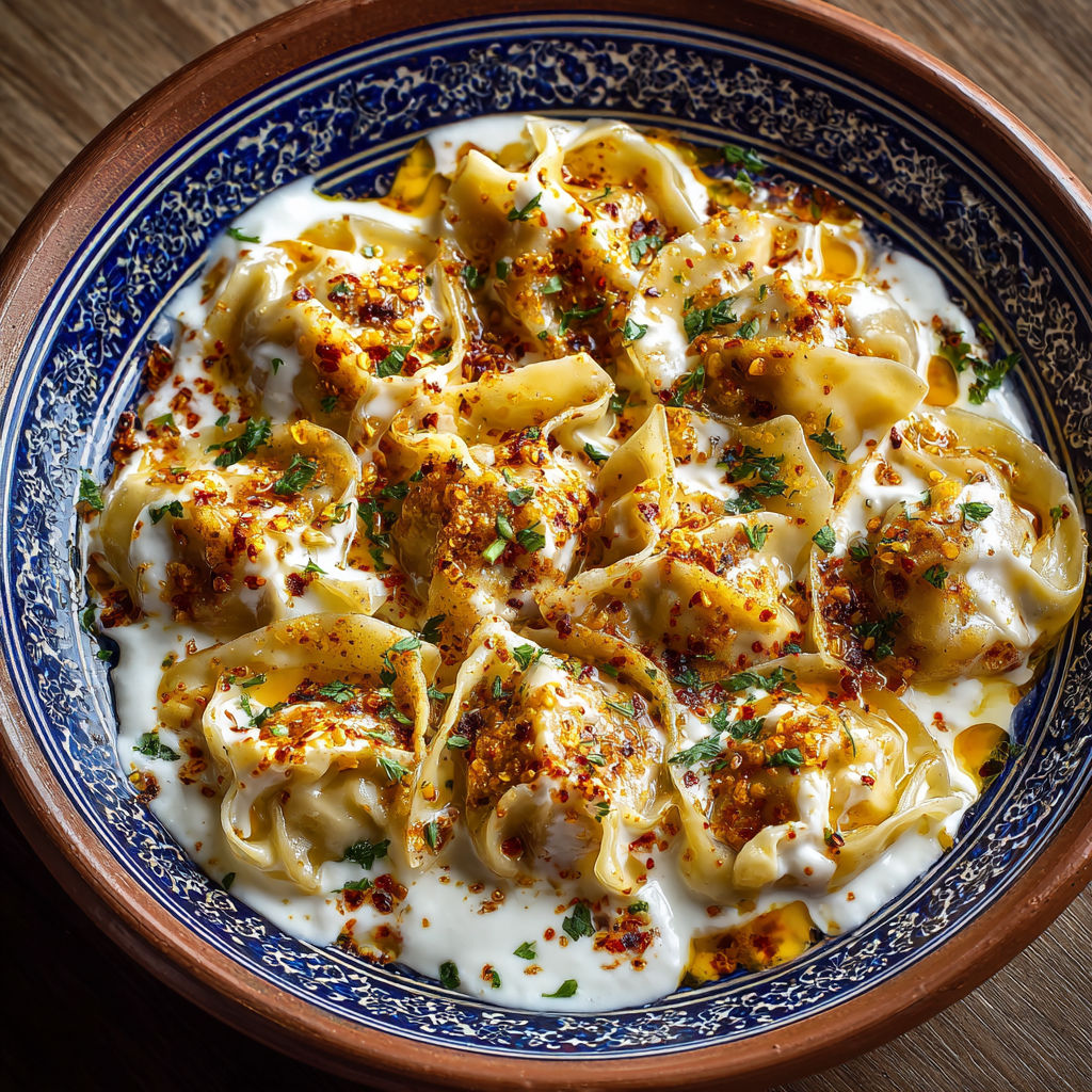 A bowl of manti, a type of pasta, with garlicky yogurt and spiced oil.