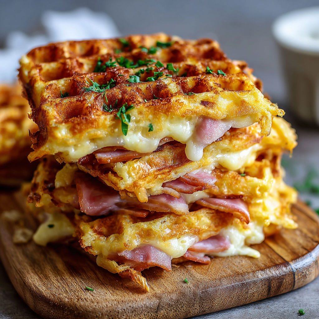 A stack of ham and cheese chaffles.