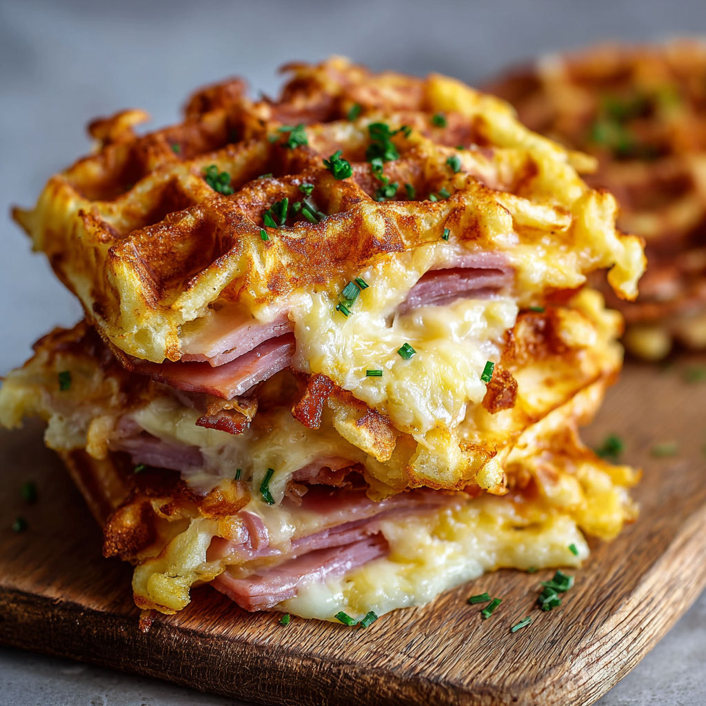 A stack of ham and cheese chaffles.