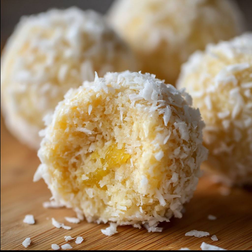 Coconut pineapple balls on a table.