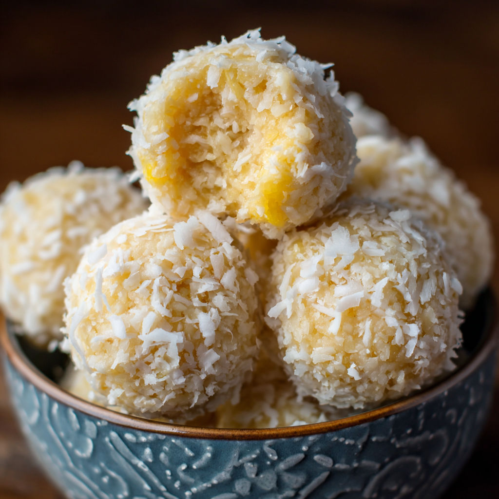 A bowl of coconut balls.