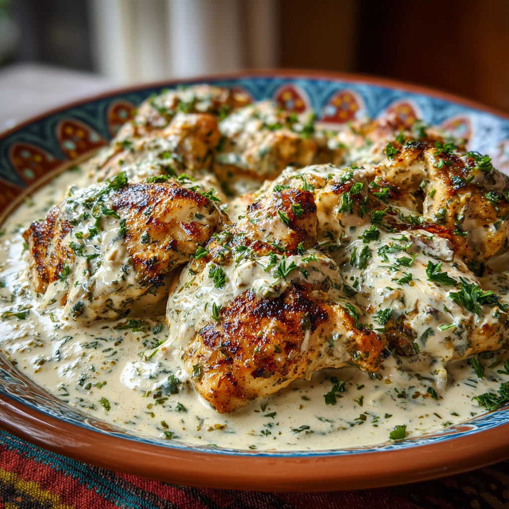 A plate of chicken with a white sauce.