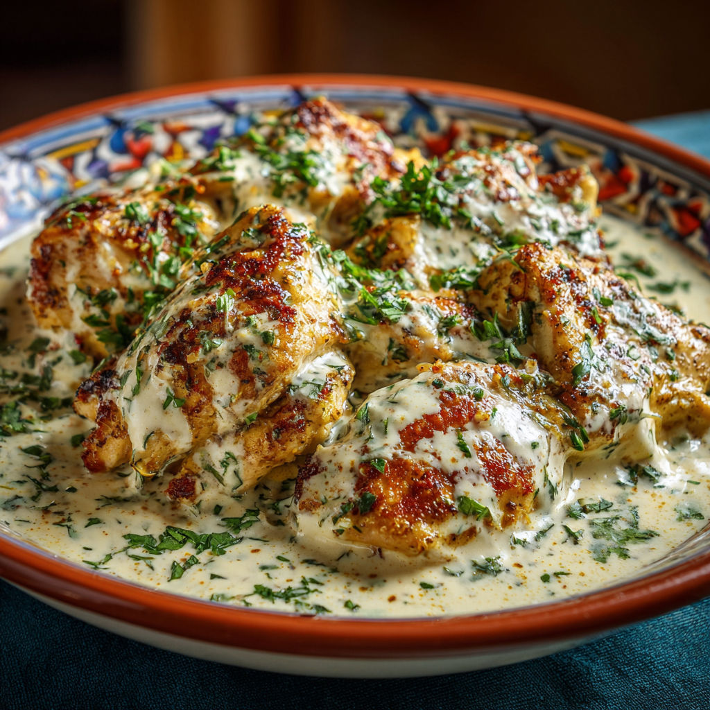 A plate of food with chicken and sauce.
