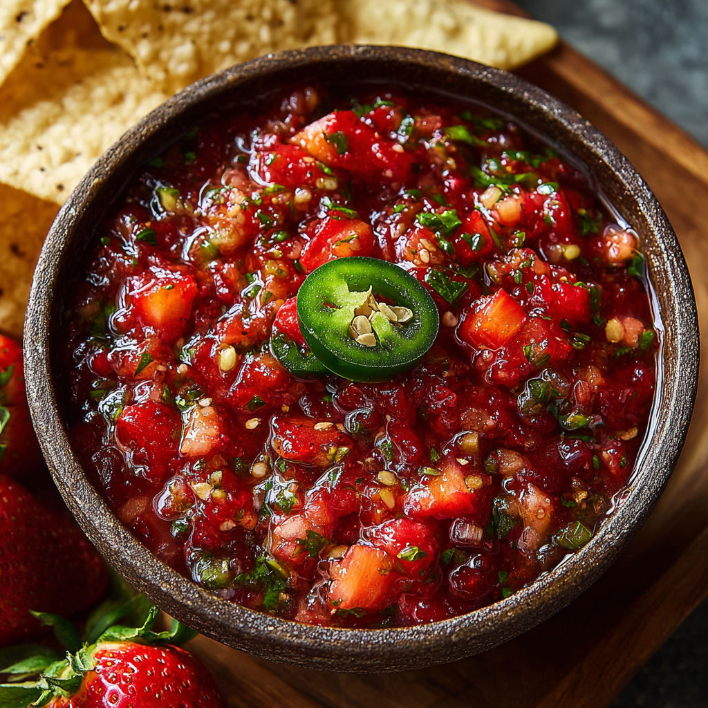 A bowl of Sweet Strawberry Jalapeño Salsa.