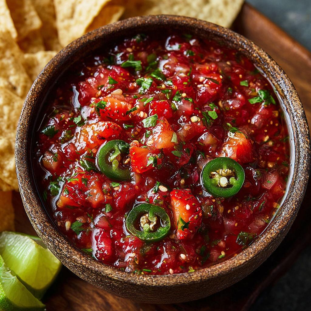 A bowl of Sweet Strawberry Jalapeño Salsa.