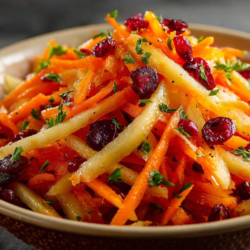 A bowl of carrots with a sprinkle of cranberries.