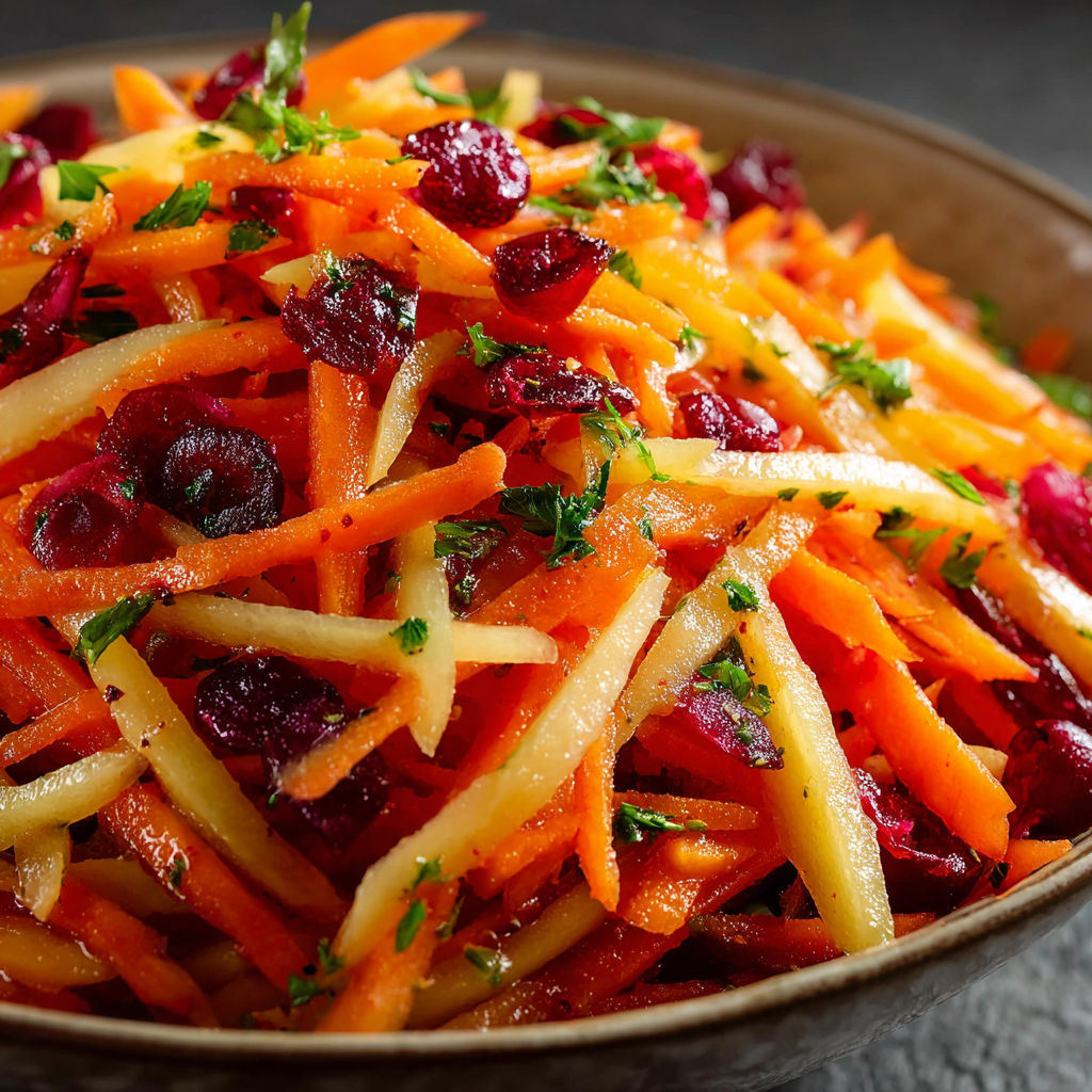 A bowl of carrots with cranberries and herbs.