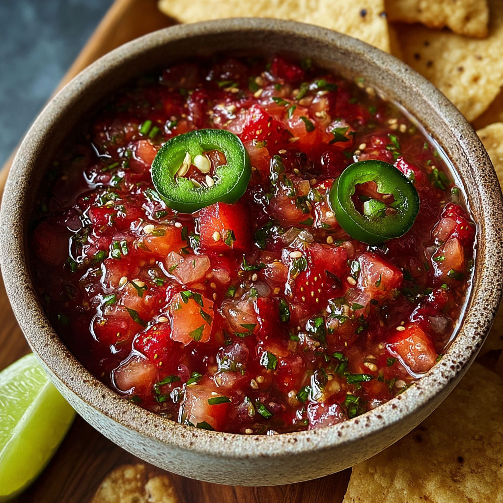 A bowl of Sweet Strawberry Jalapeño Salsa.