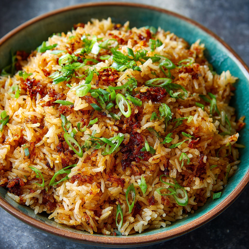 A bowl of rice with green onions.