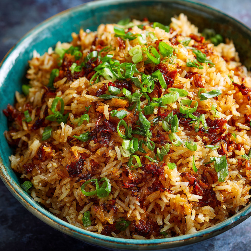 A bowl of rice with green vegetables.