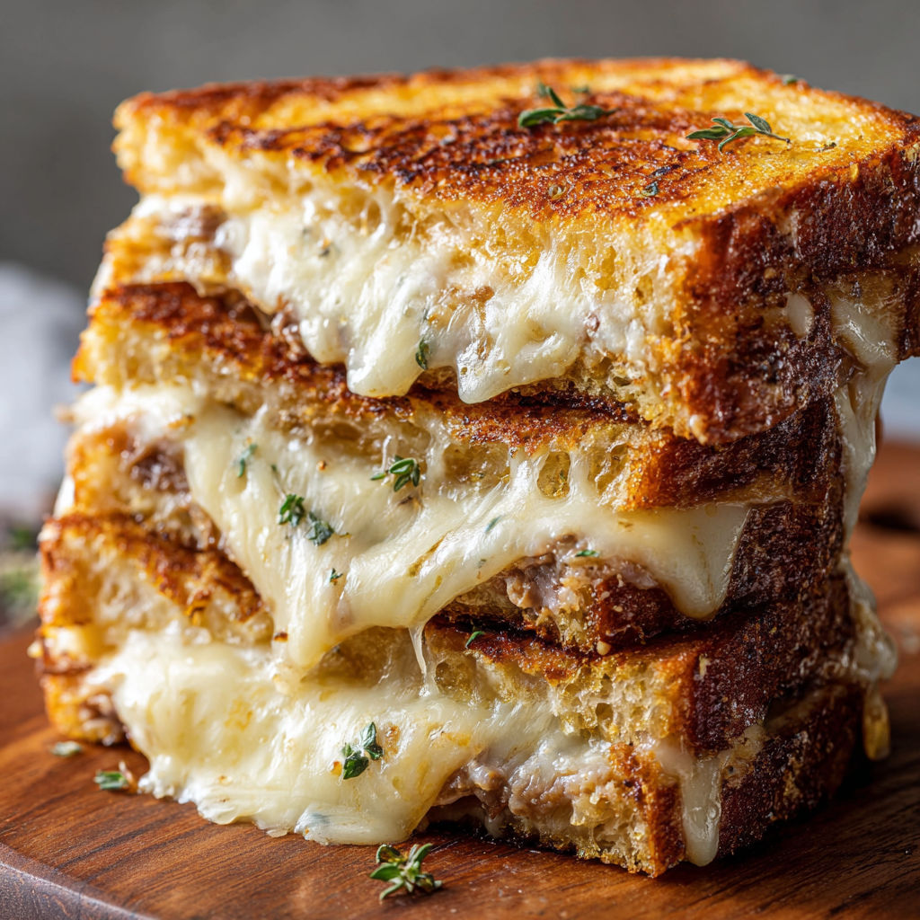 A stack of French dip grilled cheese sandwiches.