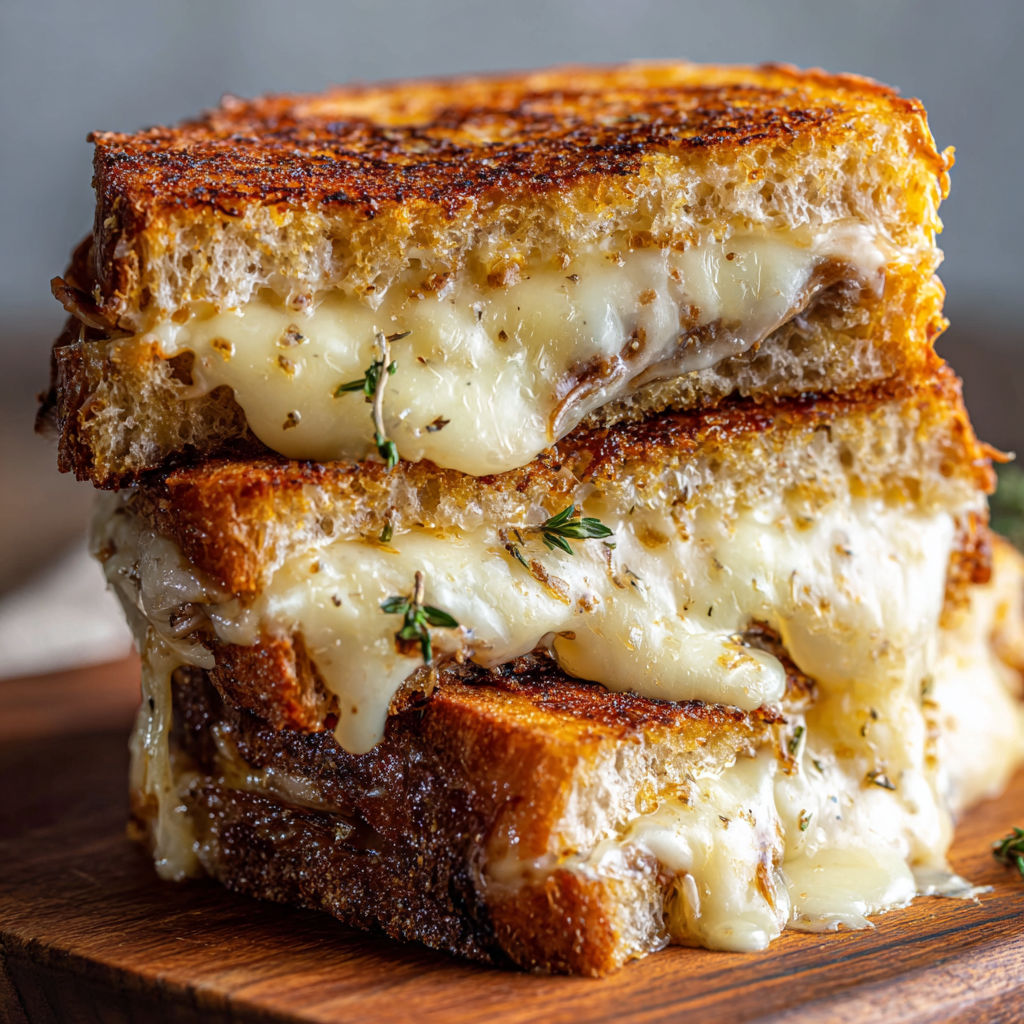 A grilled cheese sandwich with herbs on top.