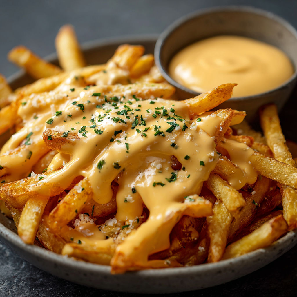 A bowl of fries with cheese sauce on top.