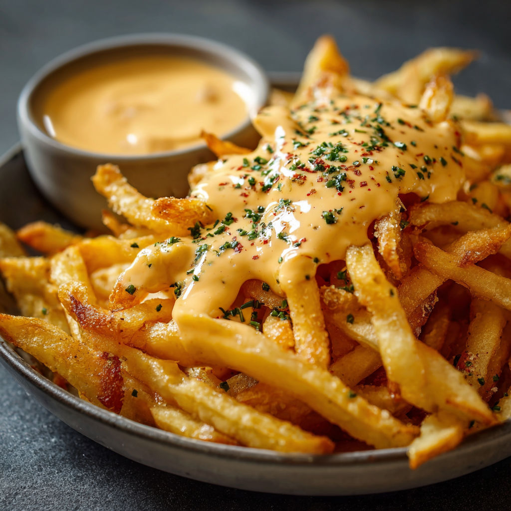 A plate of french fries with cheese on top.