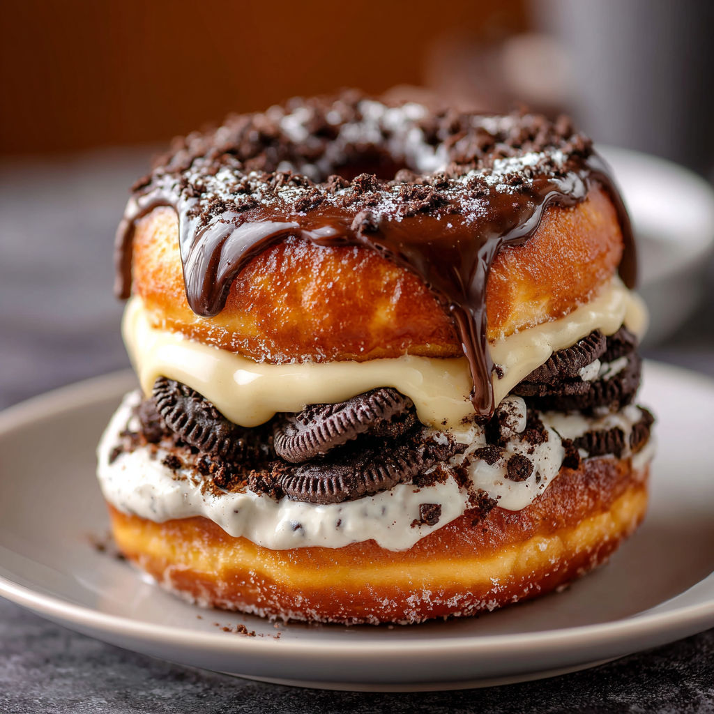 A stack of donuts with chocolate and white frosting.