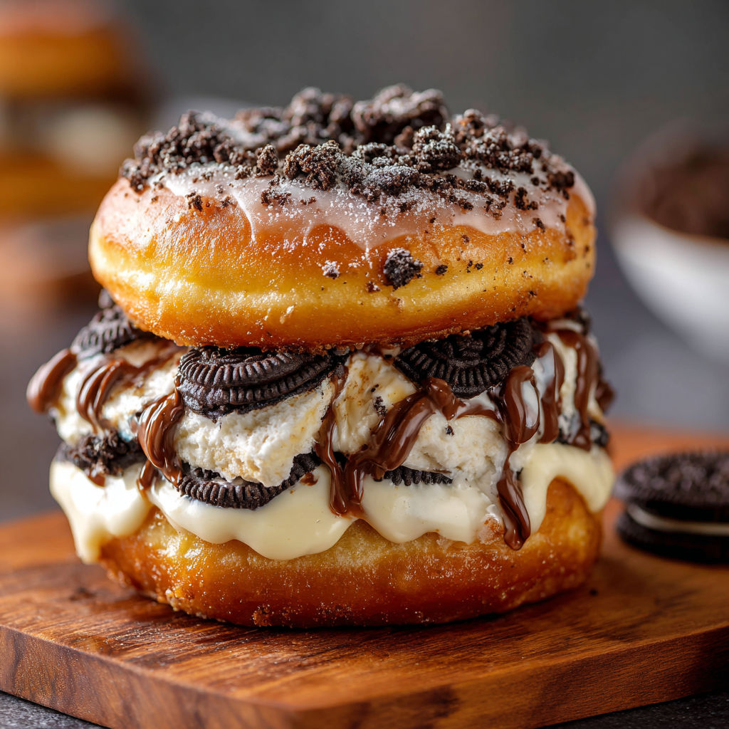 A doughnut with chocolate and white frosting.