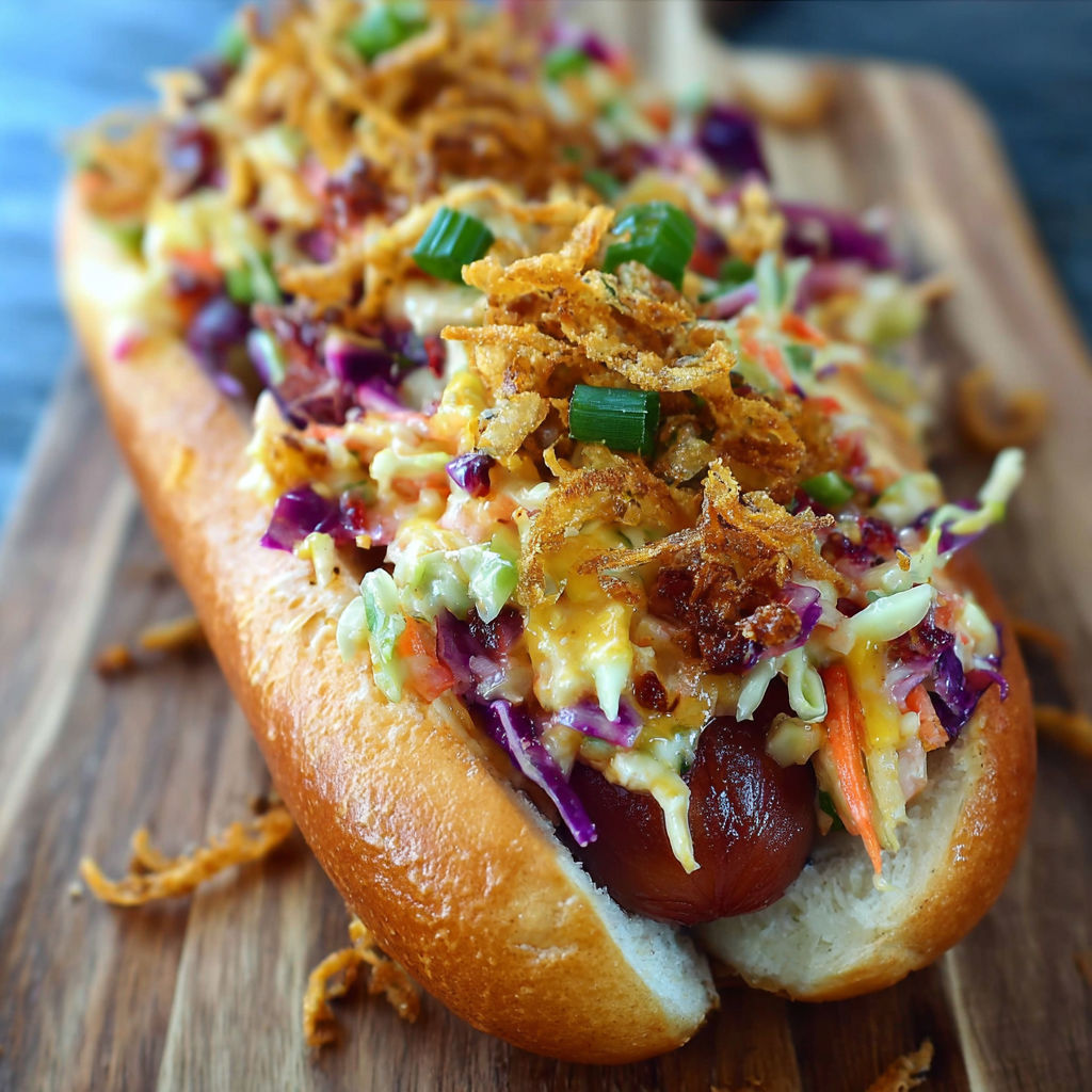 A hot dog with a spicy slaw and crispy onions.