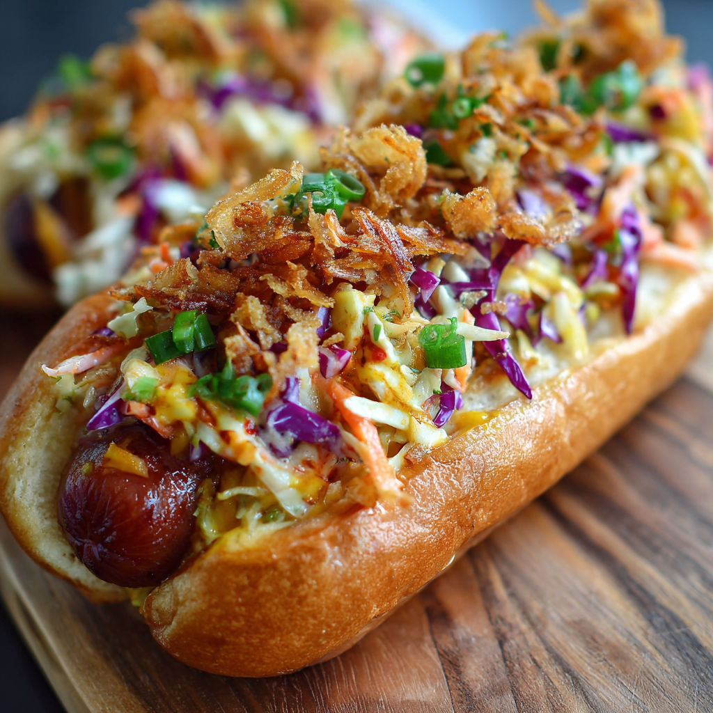 A hot dog with crispy onions and spicy slaw.
