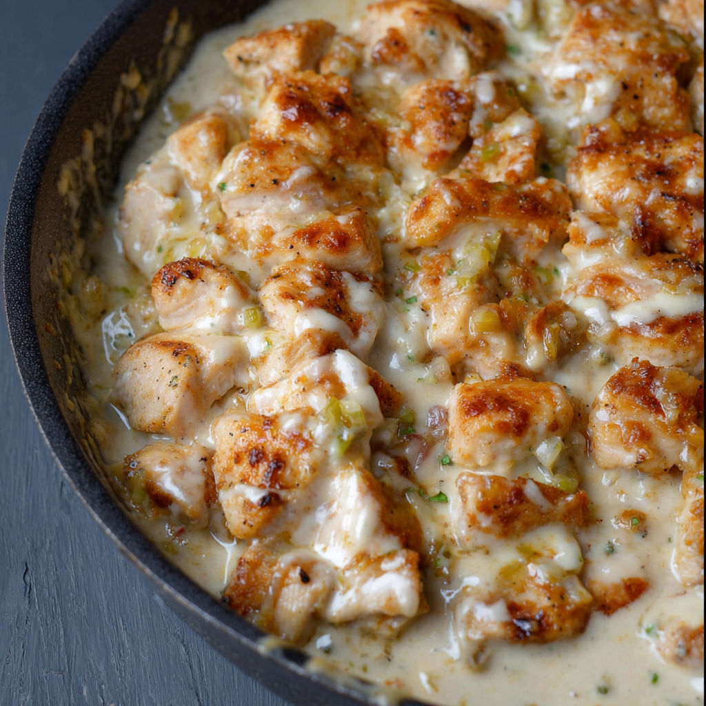 A pan of chicken with cheese.