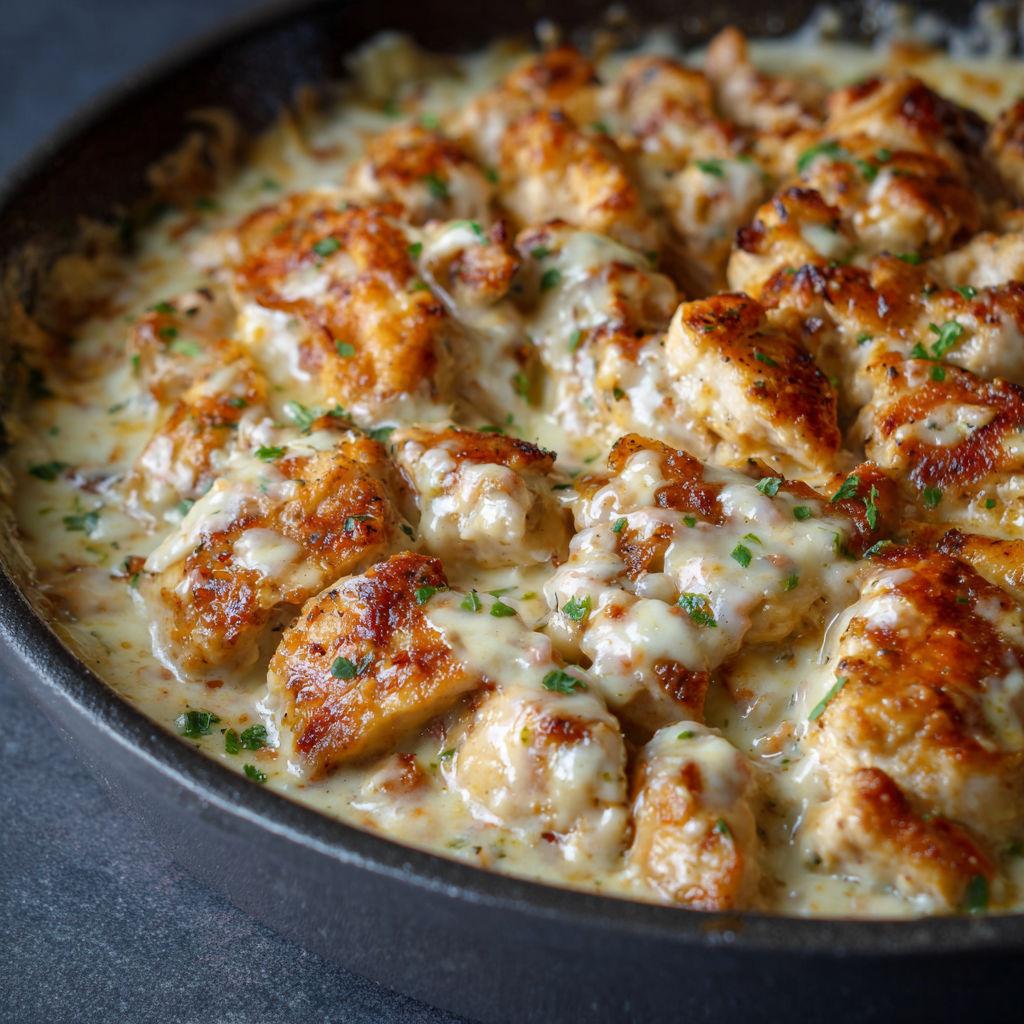 A pan of chicken with cheese and herbs.