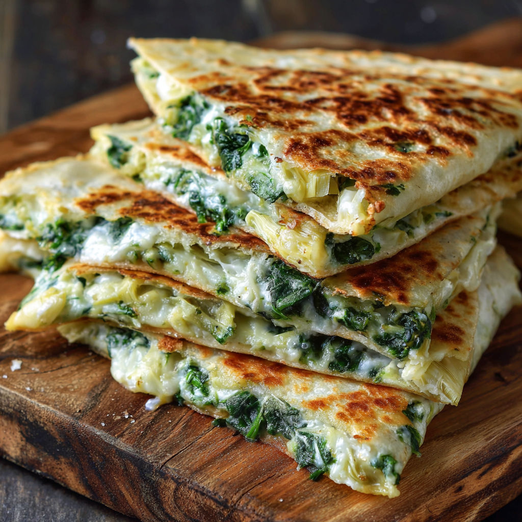 A stack of quesadillas with spinach and artichoke.