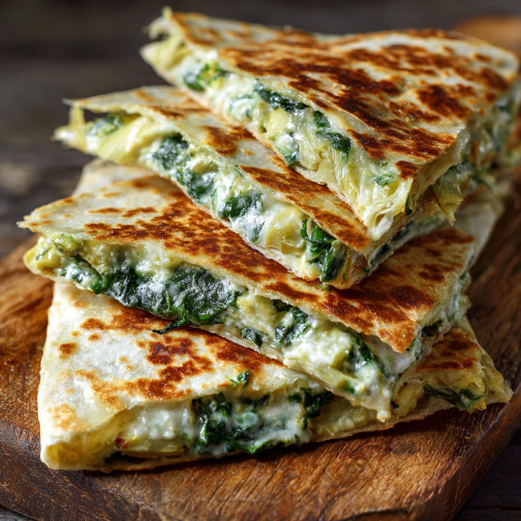 A stack of savory spinach artichoke quesadillas.